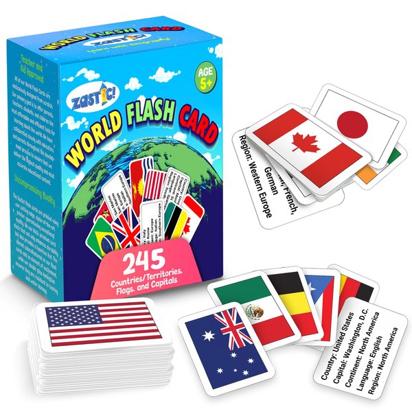 Zastic! World Flags Flashcards - 245 Country Flags, Capitals, Language, and Continents - Gloss Laminated - Country Flags of The World Flash Cards - Country Flash Cards - Geography Kids Flash Cards