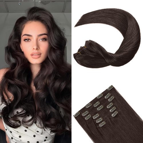 FoxFace Clip in Hair Extensions Real Human Hair,Dark Brown 120g 7pcs 18 Inch,Remy Human Hair Extensions Seamless Clip ins for Women