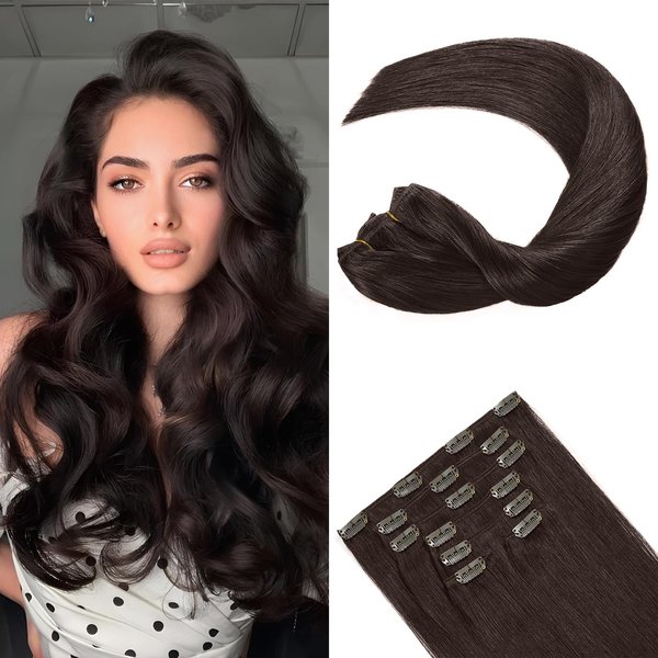 FoxFace Clip in Hair Extensions Real Human Hair,Dark Brown 120g 7pcs 18 Inch,Remy Human Hair Extensions Seamless Clip ins for Women