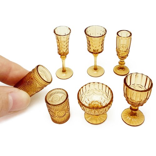 PRETTYLIFE 7pcs Miniature Cups 1/6 Mini Wine Glass Ice Cream Water Drink Cups Set for DIY 1:6 Dollhouse Kitchen Accessories Micro Scene Decoration