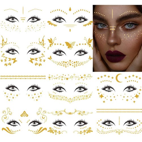 Uranian Temporary Face Tattoo Stickers Gold Freckles Stickers for Women Butterfly Transfer Metallic Tattoos Mixed Styles Waterproof Fake Tattoos for Face Makeup Carnival Festival Halloween (Set 1)