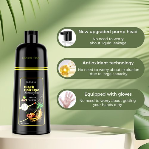 JUANCHI Organic Natural Hair Dye Shampoo 3 in 1 for Gray Hair, 16.9 Fl Oz (500 ml), Black -for Women Men, Easy to Use, Long-Lasting, Paraben Free