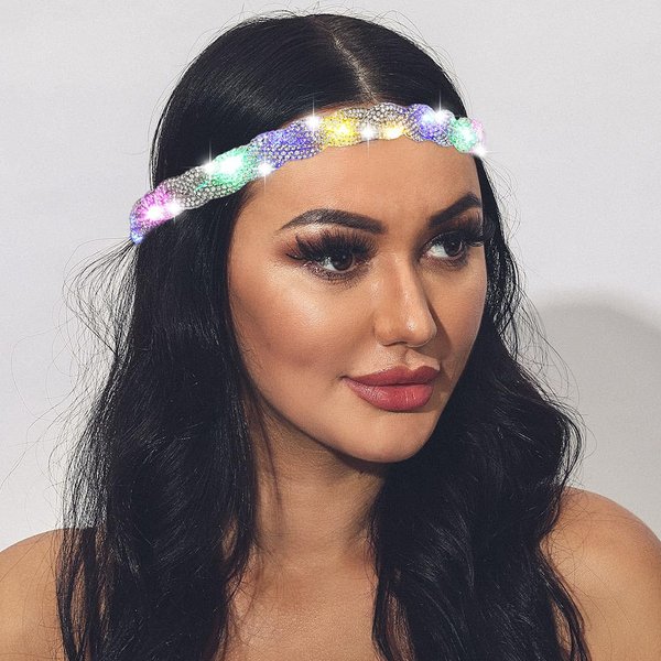 JEAIRTS Light Up Headbands Glowing Led Rhinestone Headpiece Sparkly Crystal Forehead Head Chain Elastic Braided Hair Band Halloween Prom Hair Jewelry for Women and Girls(1-Silver)