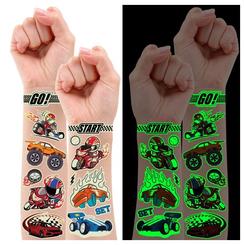 Partywind 265 Styles (30 Sheets) Glow Cars Kids Temporary Tattoos for Boys, Cars Birthday Decorations Party Supplies Favors, Car Tattoo Stickers for Boys Birthday Games Accessories