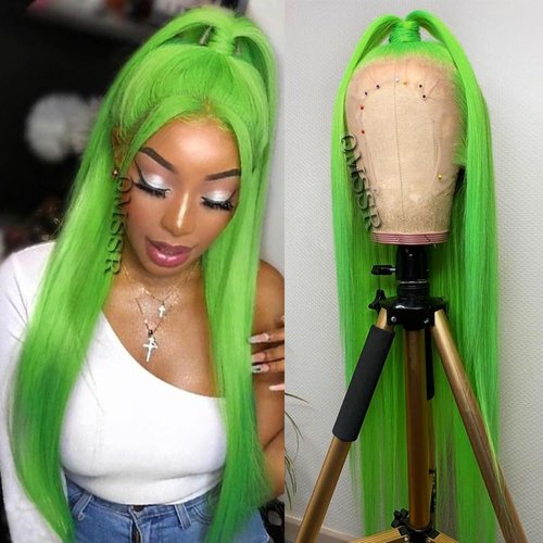 QMSSR 24 Inch Straight Hair Green Color 13x6 Lace Front Wigs Free Part Synthetic Lace Front Wigs for Black Women Pre Plucked Light Green Lace Front Wig