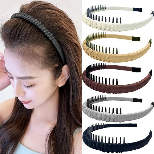 Meekest 5 Pack Braided Headbands for Women Head Bands for Women's Hair Wide Hairband Non slip Thin Headband with Teeth Twisted Boho Hair Accessories - White/Black/Khai/Brown/Grey