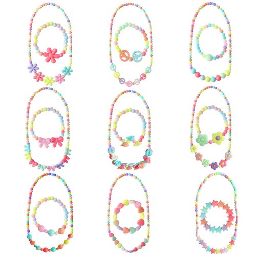 Hicdaw 18PCS Toddler Necklace Beaded Bracelet Stretch Costume Princess Necklace for Little Girls Play Jewelry Bracelet Set Dress Up Party Favors Gift Kids Jewelry for Girls