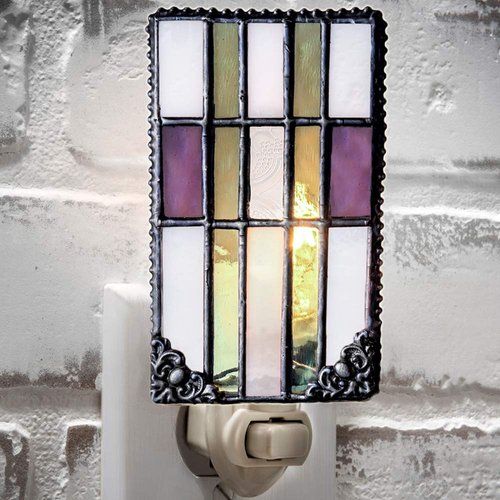J Devlin Glass Art Stained Glass Night Light, Vintage Glass, Purple, Green, Plug in nightlight for Bedroom/Bathroom/Stairway/Hallway Home Decor NTL 170