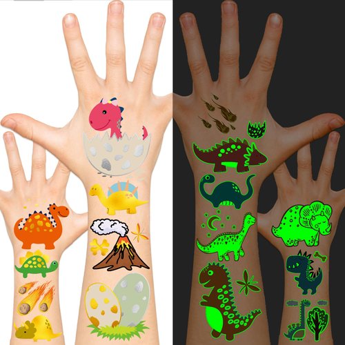 EMOEM Metallic + Glow Kids Tattoos Temporary, Waterproof Tattoo Stickers for Boys and Girls, Metallic Glitter Glow Party Favors Goodie Bag Stuffers (Dinosaur)