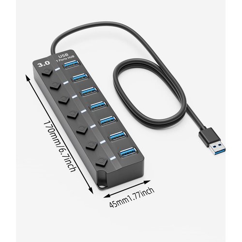 USB 3.0 Hub, PANPEO 7-Port USB Data Hub Splitter with 3ft Long Cable USB Extension for Laptop,PC Computer,Surface Pro, PS4/5, Flash Drive, Mobile HDD - with LED Individual On/Off
