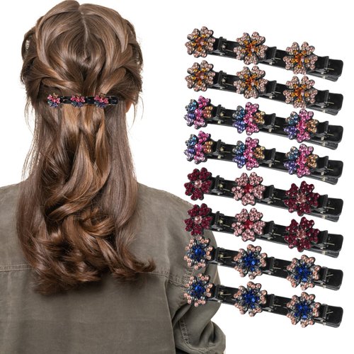 Aukiron 8Pcs Braided Hair Clip, Sparkling Crystal Stone, Rhinestone Hairpin Duckbill Clip with 3 Small Clips, Hair Accessory for Women and Girls
