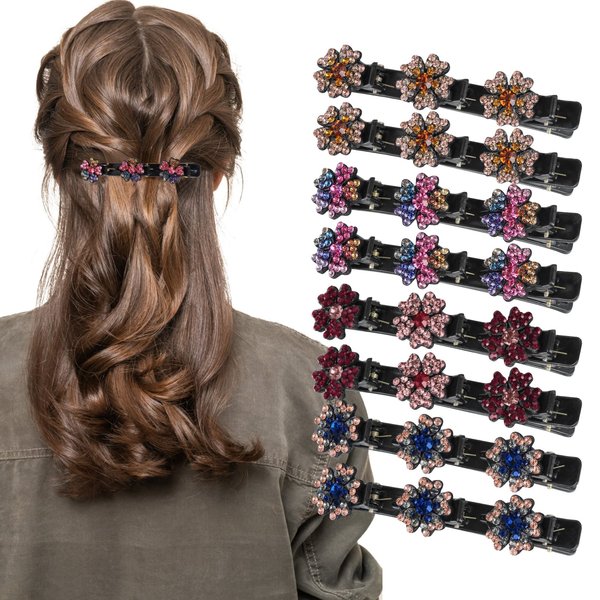Aukiron 8Pcs Braided Hair Clip, Sparkling Crystal Stone, Rhinestone Hairpin Duckbill Clip with 3 Small Clips, Hair Accessory for Women and Girls