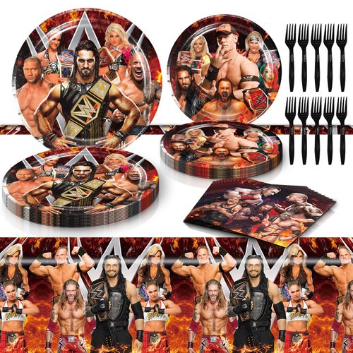 Wrestling Birthday Party Tableware Set, Include Wrestling Theme Party Tablecloth, Dessert Plates, Napkins, Forks, for Wrestling Boxing Birthday Party Decorations
