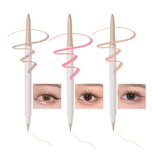 3PC Double Ended Highlighter Makeup Pen, Glitter & Matte Nude EyeLiner & Eyeshadow, Liquid Contour Liner 2 in 1 Eye Brightener Make Up Stick, Mulit-Funtional Long Lasting Lying Silkworm Pencil ( #01, #04, #05)