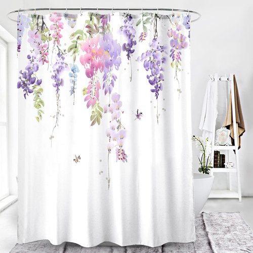 BECAN Floral Shower Curtain, Purple Wisteria Flower Polyester Fabric Waterproof Layer Thickening Shower Curtain 72X72Inches