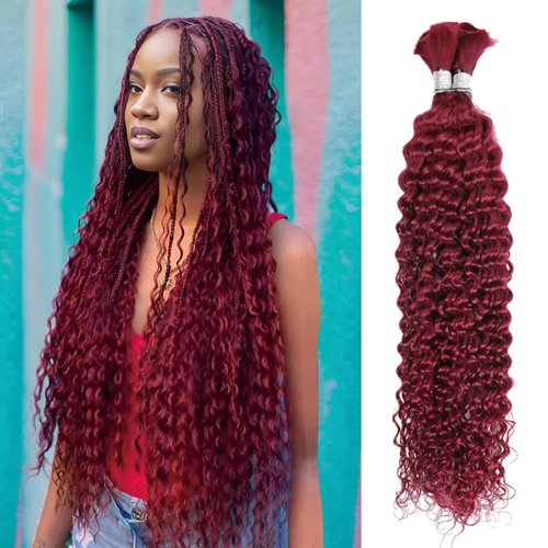 Peenoll Burgundy Braiding Human Hair 100g 20 Inch 99J Burgundy Deep Water Wave Bulk Human Hair for Braiding No Weft Brazilian Virgin Curly Human Hair Extensions for Boho Braids