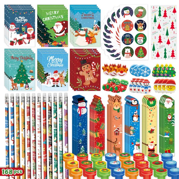 BEARUN Christmas Party Favors for Kids, 168 PCS 24-Pack Christmas Stationery Set for Stocking Stuffers, Christmas-Themed Classroom Gift Exchange Carnival Events Class Reward Gifts and Prizes