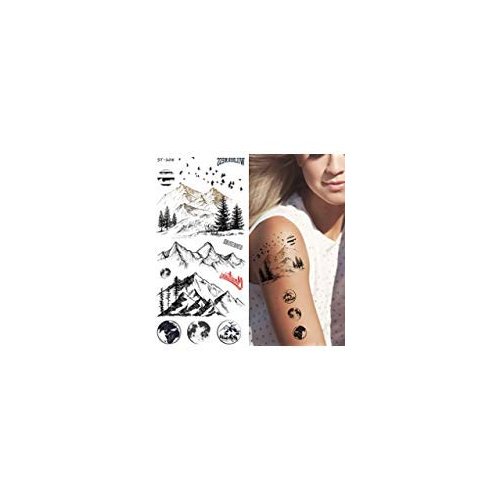 Supperb Temporary Tattoos - Mountain Outline Moon Tree Birds Wildness Adventure Bohemian Temporary Tattoos