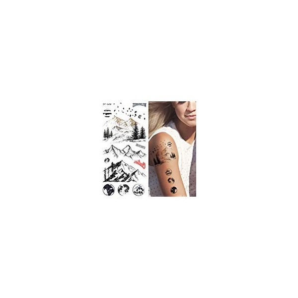 Supperb Temporary Tattoos - Mountain Outline Moon Tree Birds Wildness Adventure Bohemian Temporary Tattoos