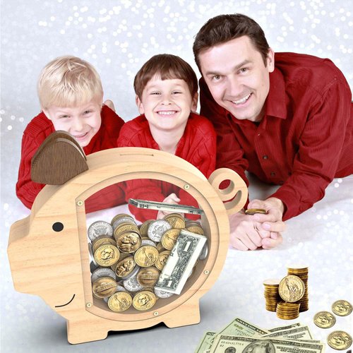 Piggy Bank for Kids, Unbreakable Clear Wood Money Bank for Boy Girls, Cute Coin Box Wooden Money Saving Jar for Cash, Money Saving Gift for Christmas, Birthday, Baby Shower (A)
