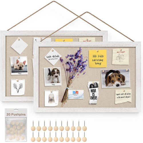 Miratino 2-Pack Cork Board with Linen 16x11 inch Bulletin Board Office Decor Hanging Pin Wood Framed Display Picture Vision Board Light for Wall School Office Bedroom 20-Pushpin Vintage White