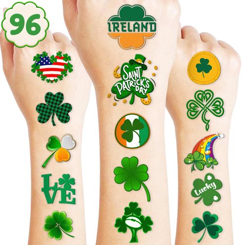 Shamrock Tattoo Stickers St. Patrick's Day Temporary Tattoos - 8 sheet Lucky Clover Irish Themed Stickers for Kids Birthday Party Supplies, Decorations, Favors and Prizes Cute Gifts for Boys and Girls