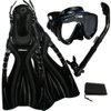 Promate Scuba Diving Snorkeling Extra-Wide Mask Snorkel Fins Gear Set, AllBlack, S/M