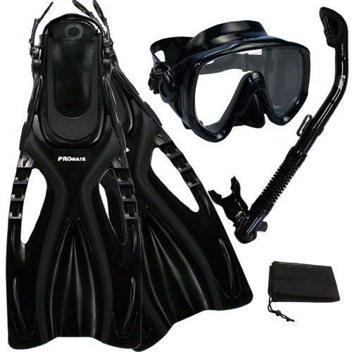Promate Scuba Diving Snorkeling Extra-Wide Mask Snorkel Fins Gear Set, AllBlack, S/M