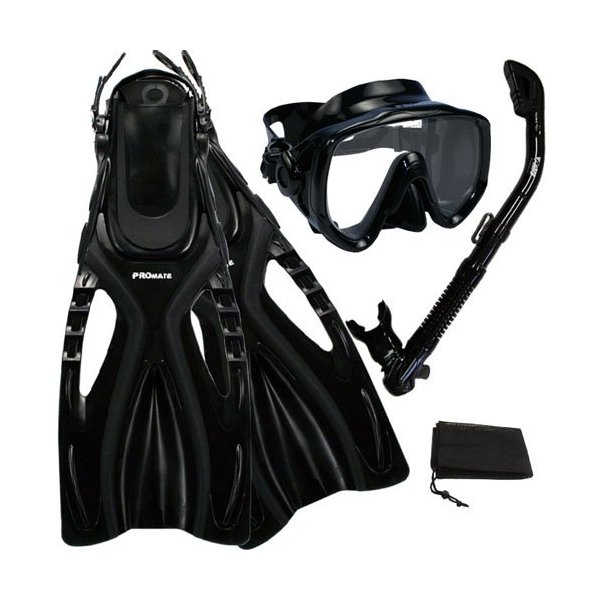 Promate Scuba Diving Snorkeling Extra-Wide Mask Snorkel Fins Gear Set, AllBlack, S/M