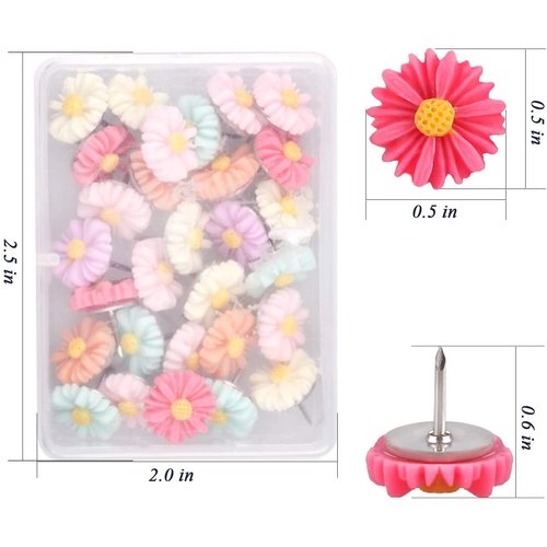 30 Pieces Flower Pushpins Flower Thumb Tacks Decorative Floret Push Pins Colorful Floret Thumbtacks for Photo Wall, Feature Wall, Whiteboard, Cork Board, Map, Bulletin Board, Office or Home