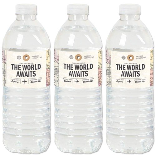 World Awaits - Travel Themed Party Water Bottle Sticker Labels - Set of 20