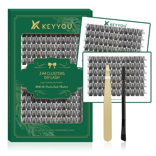 Lash Clusters 144pcs Individual Lashes D Curl 10mm Eyelash Clusters KEYYOU Air Touch Cluster Lashes Super Lightweight Soft Wispy Comfortable Easy DIY at Home(Air02-D-16mm)