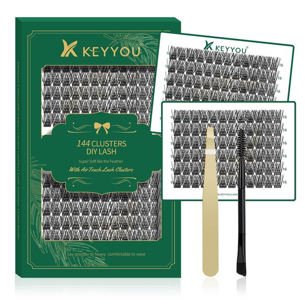 Lash Clusters 144pcs Individual Lashes D Curl 10mm Eyelash Clusters KEYYOU Air Touch Cluster Lashes Super Lightweight Soft Wispy Comfortable Easy DIY at Home(Air02-D-16mm)