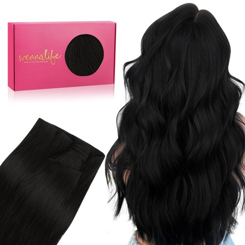 WENNALIFE Genius New Weft Hair Extensions Real Human Hair, 24" 60g Jet Black Sew in Hair Extensions Natural Luxury Remy Human Hair Extensions for Women Straight Invisible Extensiones de Cabello Humano