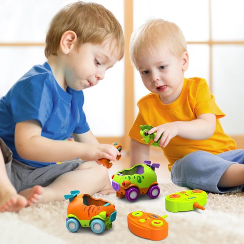 Remote Control Car for Toddler, Toys for 2 3 4 Year Old Boy, 2 Pack Toddler RC Car for Kids 3-5 with LED Lights & Music, Dinosaur Toys for Ages 2-4 , Christmas Birthday Gift Ideas for Toddler