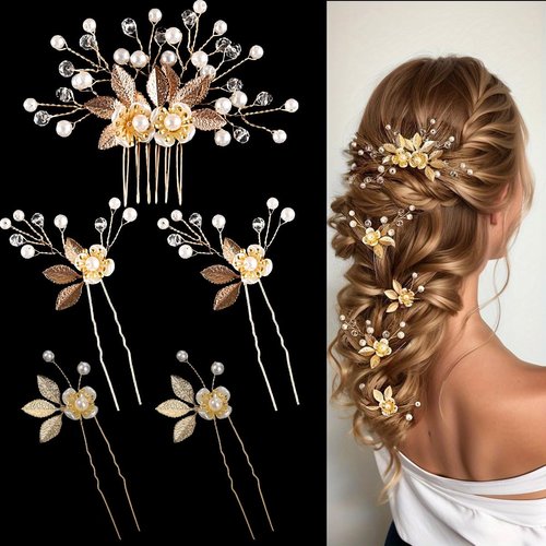 CASOLVX 5PCS Bride Hair Clips Gold Leaf Hair Pins Headpiece Flower Pearl Hair Forks Classic Wedding Hair Accessories for Brides Bridemaids Women