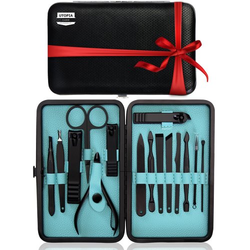 Utopia Care 15-Set Valentines Day Gifts for Her and Him Manicure Kit Nail Clippers for Men and Women, Manicure Set with Nail Kit, Pedicure Kit Grooming Kit with Luxurious Travel Case - Black