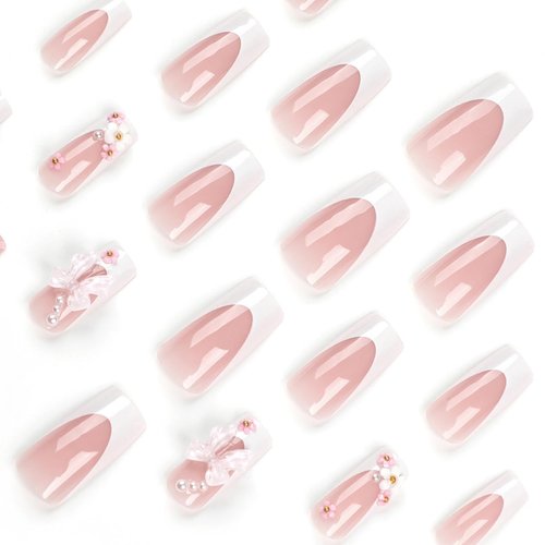 24 Pcs Pink Press on Nails Long Coffin Square - SHANRUN Cute Fake Nails Press ons French Nail Art Tip Glue on Nails Full Cover False Nails with 5D Bow Camellia Charms Design Stick on Nails Acrylic Kit