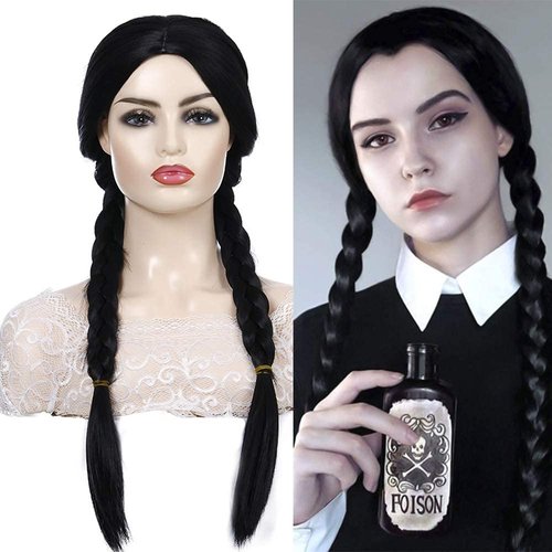 QACCF Long Pre-Braided Middle Parting Black Heat Resistant Halloween Costume Wig