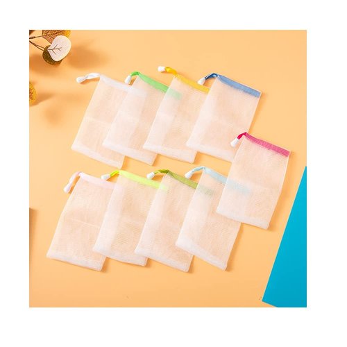 FULINJOY 10 PCS Exfoliating Mesh Soap Saver Pouch Bag Sack, Face Cleansing Foaming Nets, White Pouch with Drawstring (Color Random)