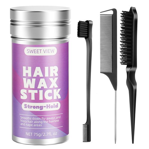SWEET VIEW Hair Wax Stick & Slick Back Hair Brush, Flexible Hold Fly Away Hair Tamer, Hair Cream/Gel for Sleek Ponytail,Flyaways,Frizz, Non-Greasy Hair Styling Accessorie Pomade/Balm for Toddler, Kid