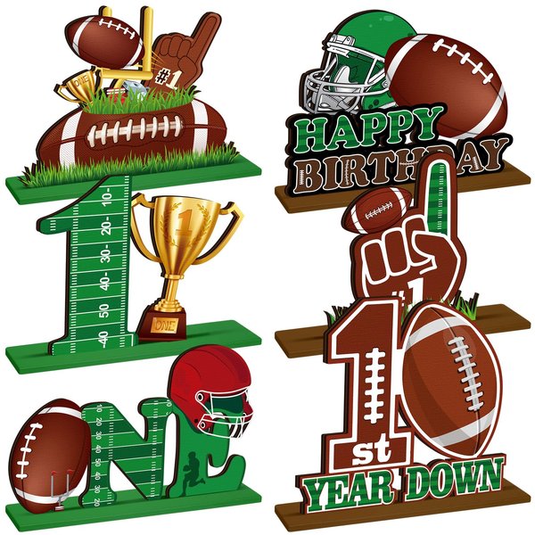 Quzzil 6 Pcs Football 1st Birthday Decorations Football Table Centerpiece Wooden First Year Down Football Themed Party Supplies First Down Rugby Ball Decor Table Toppers for One Year Old Baby Shower