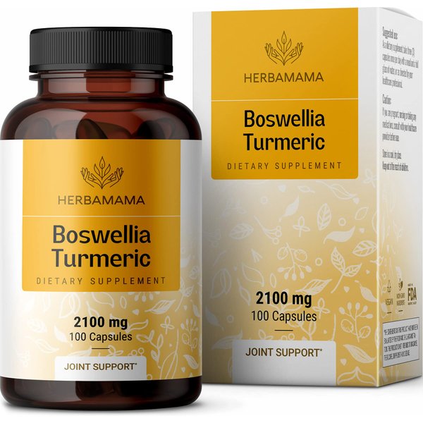 Boswellia Turmeric Capsules - Joint, Digestion & Brain Support Herbal Supplements w/Organic Herb Extract of Black Pepper | Made in USA - Vegan, Gluten Free, Non GMO | 100 Capsules - 2100 mg