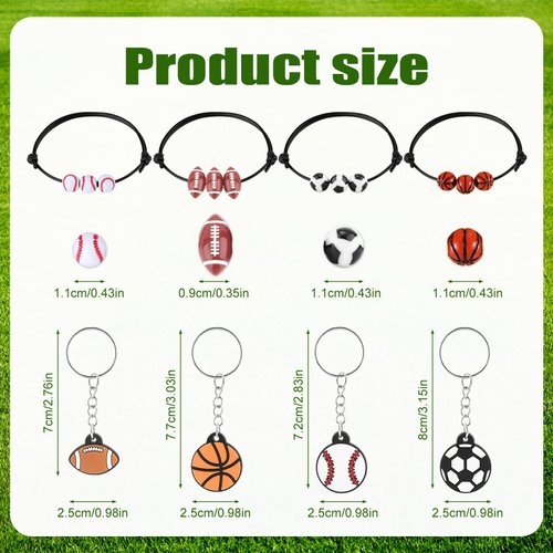 PEUTIER 40pcs Sports Party Favors, 20pcs Sports Keychains & 20pcs Sports Bracelets with Football Basketball Rugby Baseball Sport Theme Thank You for Coming Gifts for Sports Party Supplies
