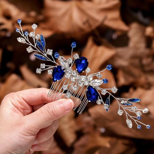 Yikisdy Brides Wedding Hair Comb Blue Crystal Bride Hair Piece Silver Rhinestone Bridal Hair Accessories for Women and Girls