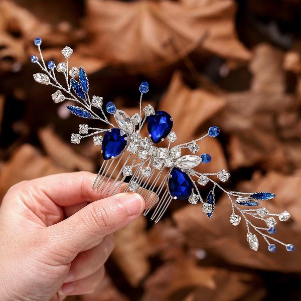 Yikisdy Brides Wedding Hair Comb Blue Crystal Bride Hair Piece Silver Rhinestone Bridal Hair Accessories for Women and Girls