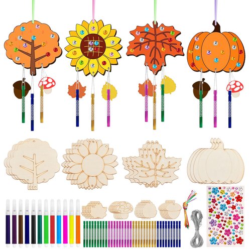 12 Pack Fall Wind Chime Kit for Kids Fall Pumpkin Wind Chimes Making Kit DIY Coloring Wooden Arts and Crafts Make Your Own Wind Chimes for Party Supplies Halloween Thanksgiving Fall Decoartion