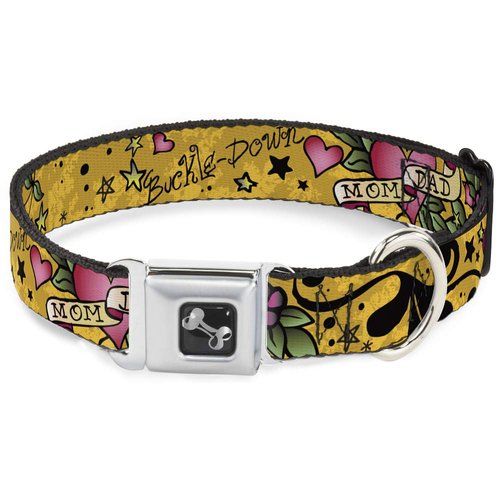 Buckle-Down Seatbelt Buckle Dog Collar - Mom & Dad Yellow - 1" Wide - Fits 11-17" Neck - Medium