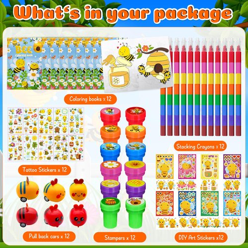 Cinrobiye 72Pcs Bee Coloring Book with Crayons Bulk,Honey Party Favors Goodie Bags Fillers, Bumble Bee Birthday Party Supplies Face Stickers Tattoo Prizes Gift for Sweet Bee Day