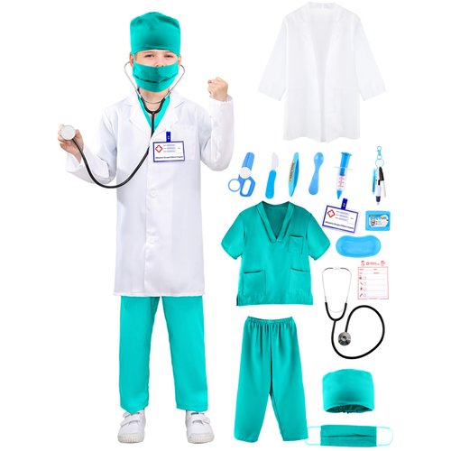 Puteraya Kid Doctor Costume Set Surgical Doctor Lab Coat Scrub Suit with Nurse Pen Stethoscope Toy for Kids Halloween Dress Up Cosplay (7-9 Years(120-140 cm))